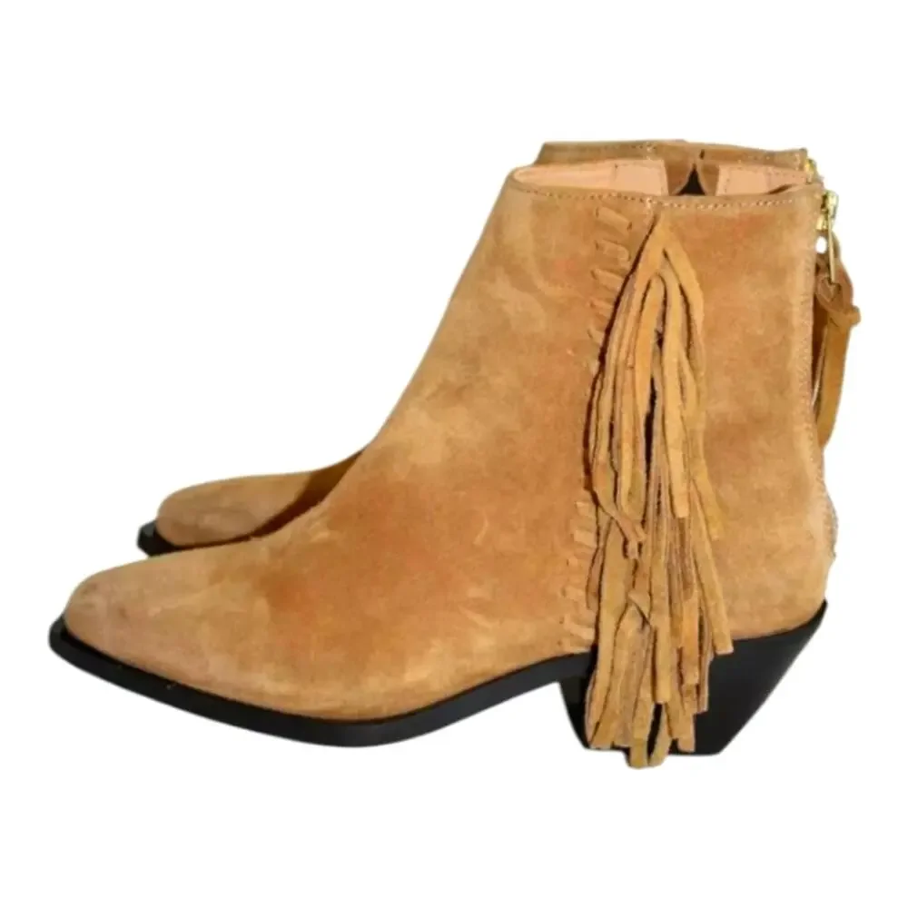 ALLSAINTS Layla Suede Fringe Bootie Cognac Sand BLOCK WESTERN‎ Boots 38 US 8
